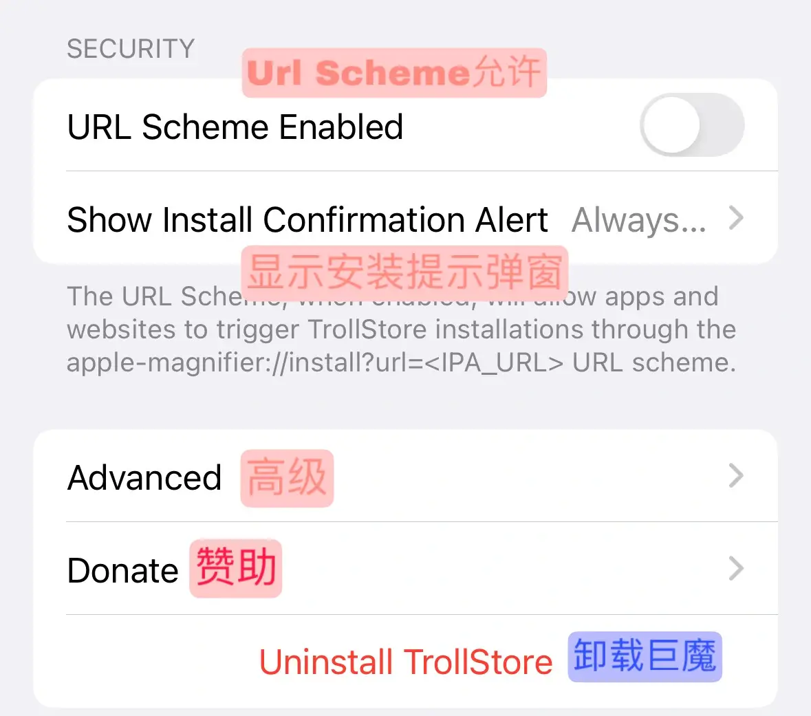 TrollStore设置功能